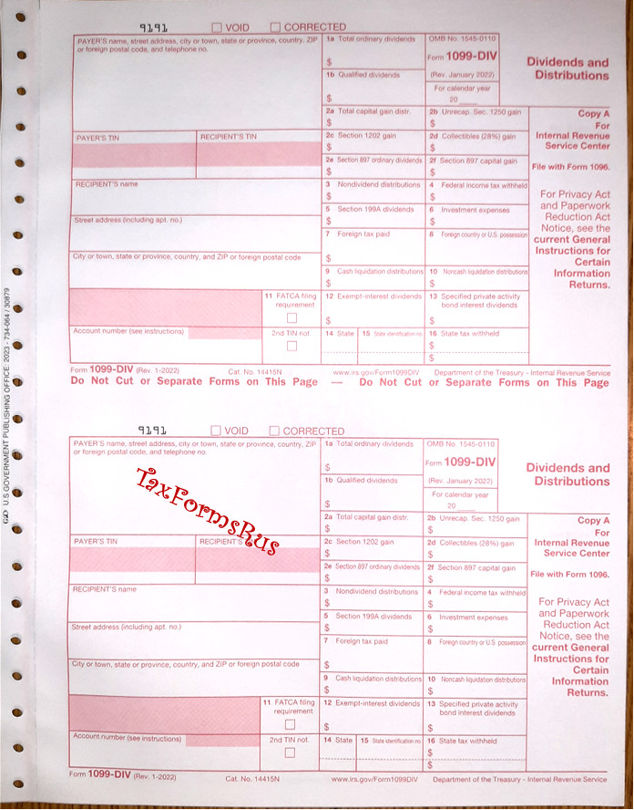 2023 IRS Tax Form 1099-DIV single sheet set for 2 recipients, carbonless 5-pt
