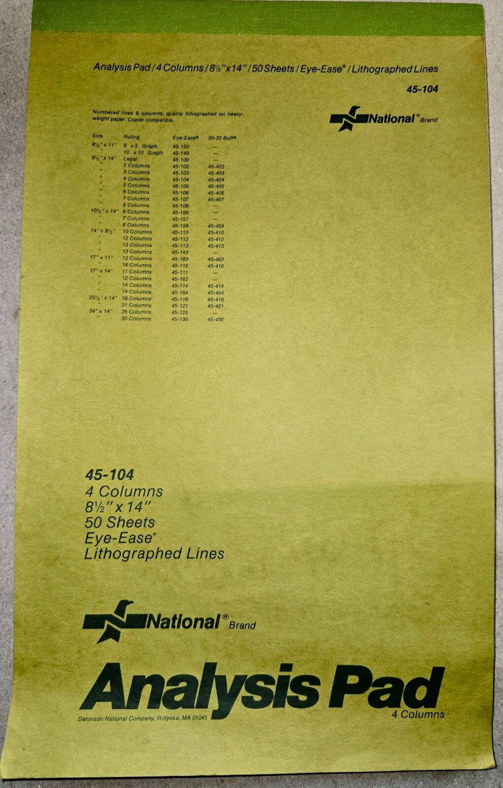 Vintage National Brand 4 Column Analysis Pad 45-104 – 14″ x 8 1/2″ x 1/4″ Thick
