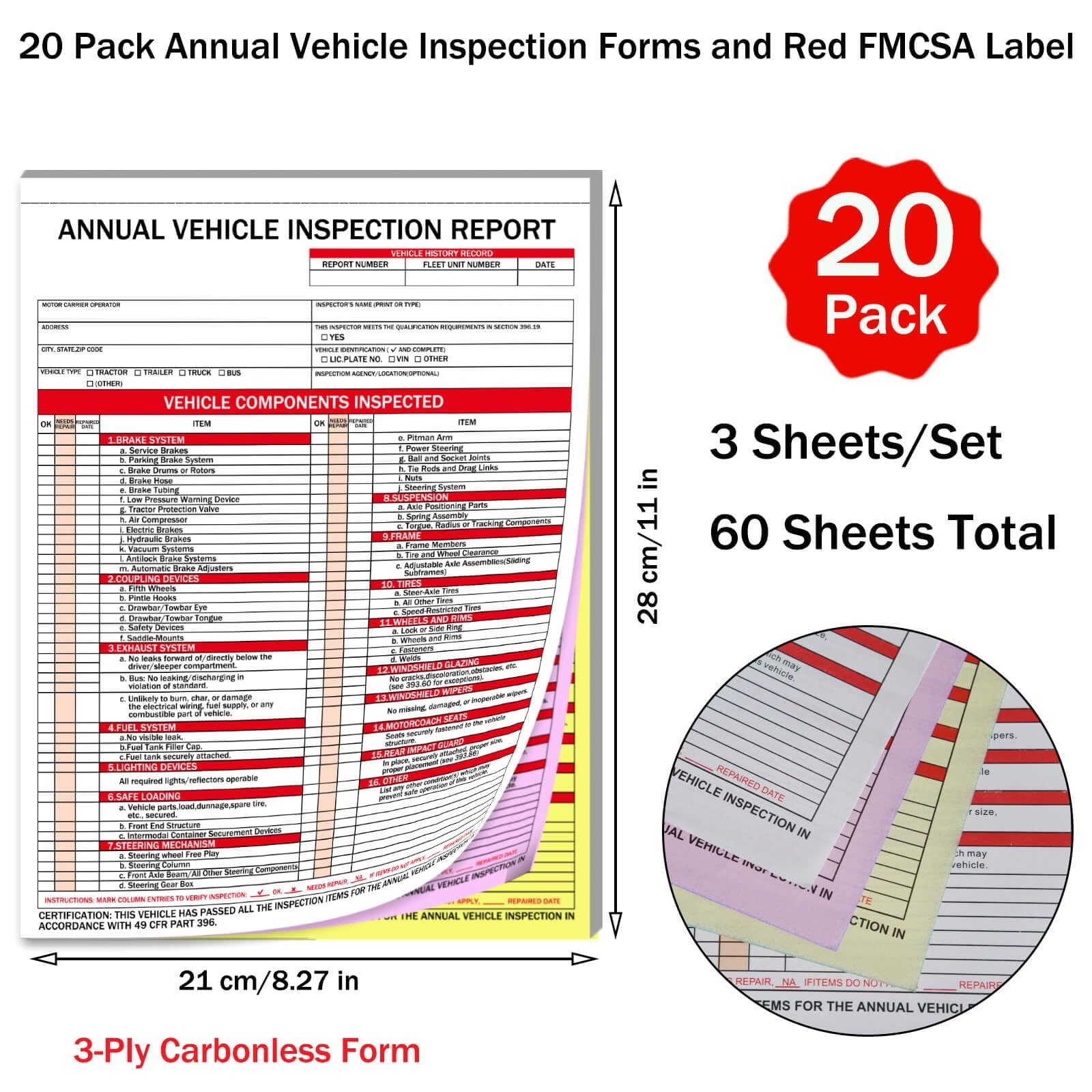 20-Pack Vehicle Inspection Report Forms, 3-Ply Carbonless, Durable, DOT Complian