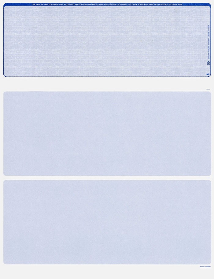 500 Blank Security Check Paper Stock – Checks on Top (Linen Blue)