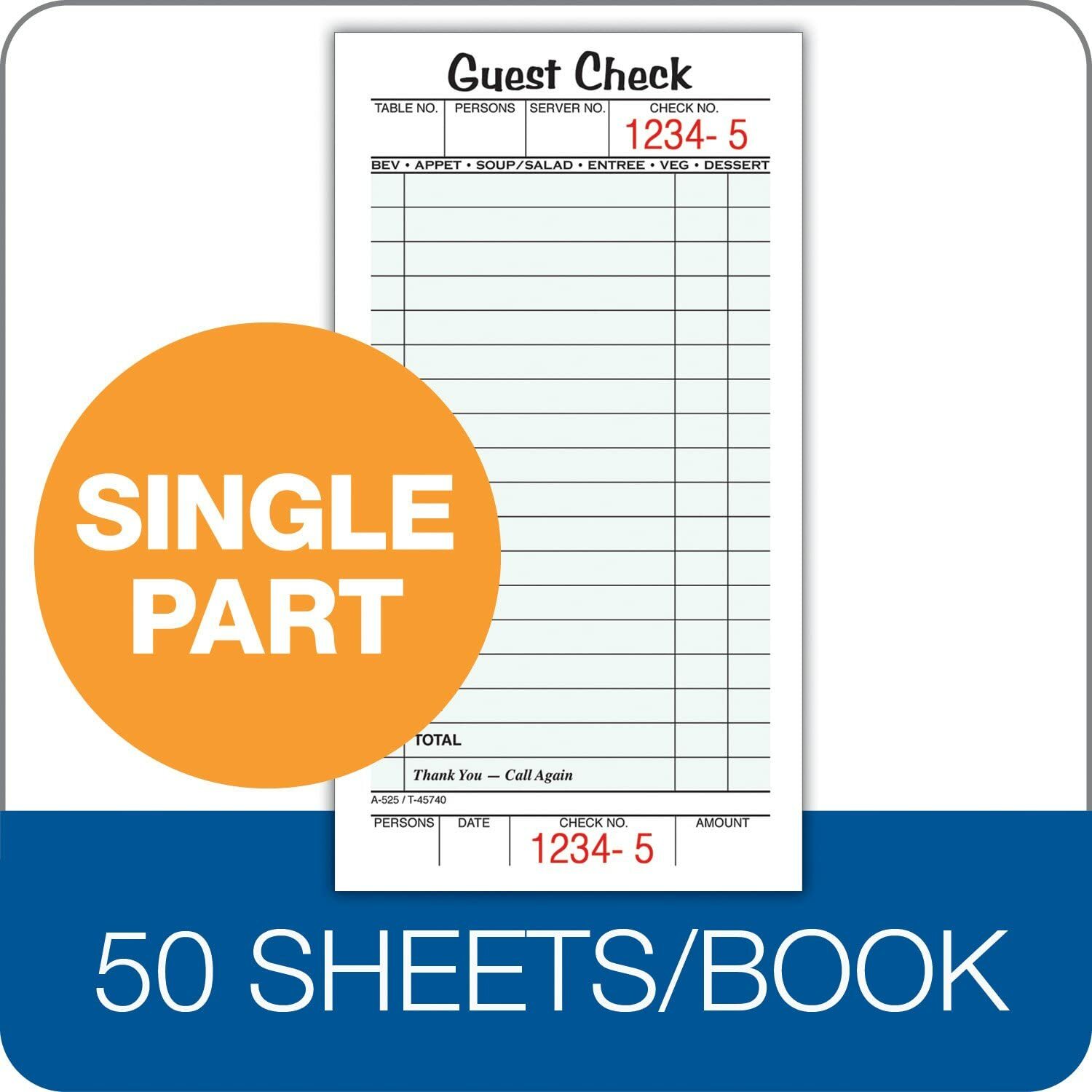 Adams 1-Part Guest Check Books, 3 2/5″ x 6 3/4″, 5 Pads Of 50 Sheets Each