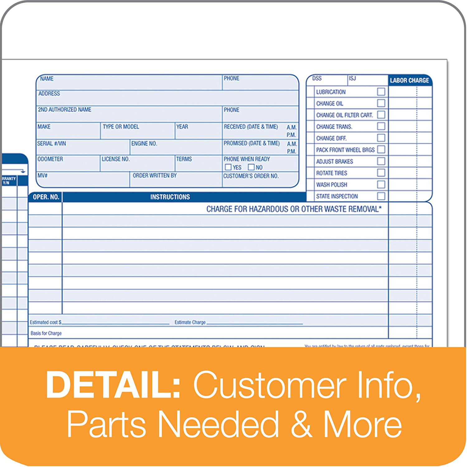 Adams Garage Repair Order Forms Auto Service Jobs Record 3 Part Carbonless 250ct