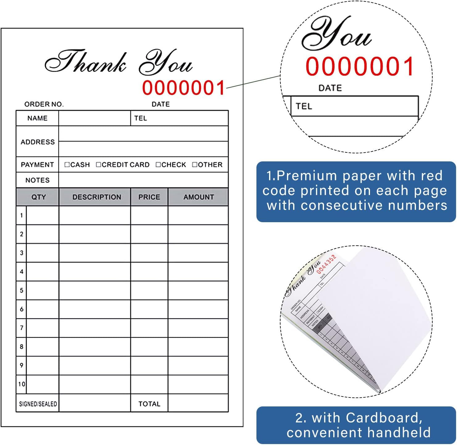 10 Pack Thank You Receipt Book, 3.4X5.5″ Handheld 2-Part Carbonless Sales