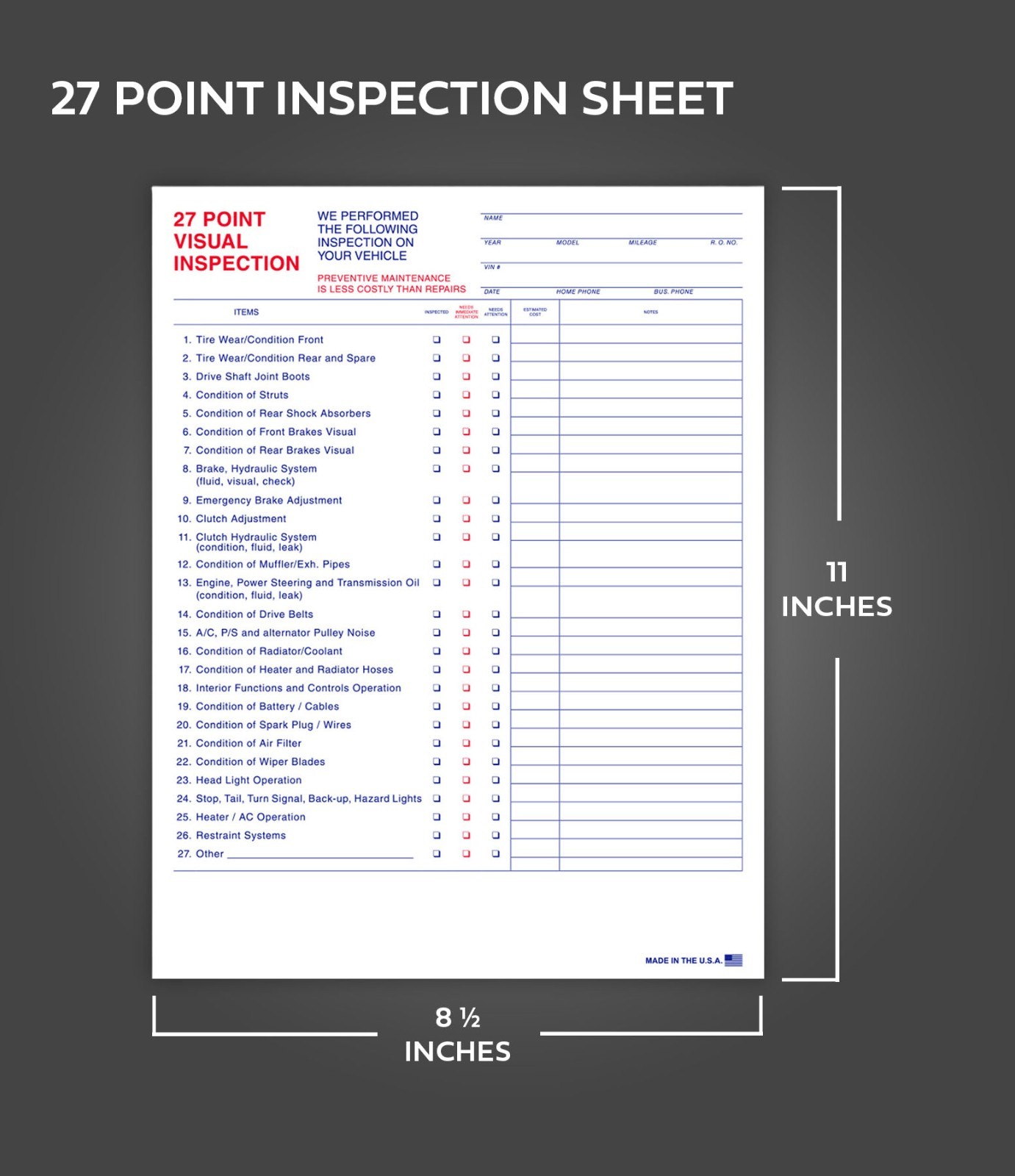 27 Point Visual Vehicle Inspection Car Sheet 2-Part (Form #27-Point) (100 pack)
