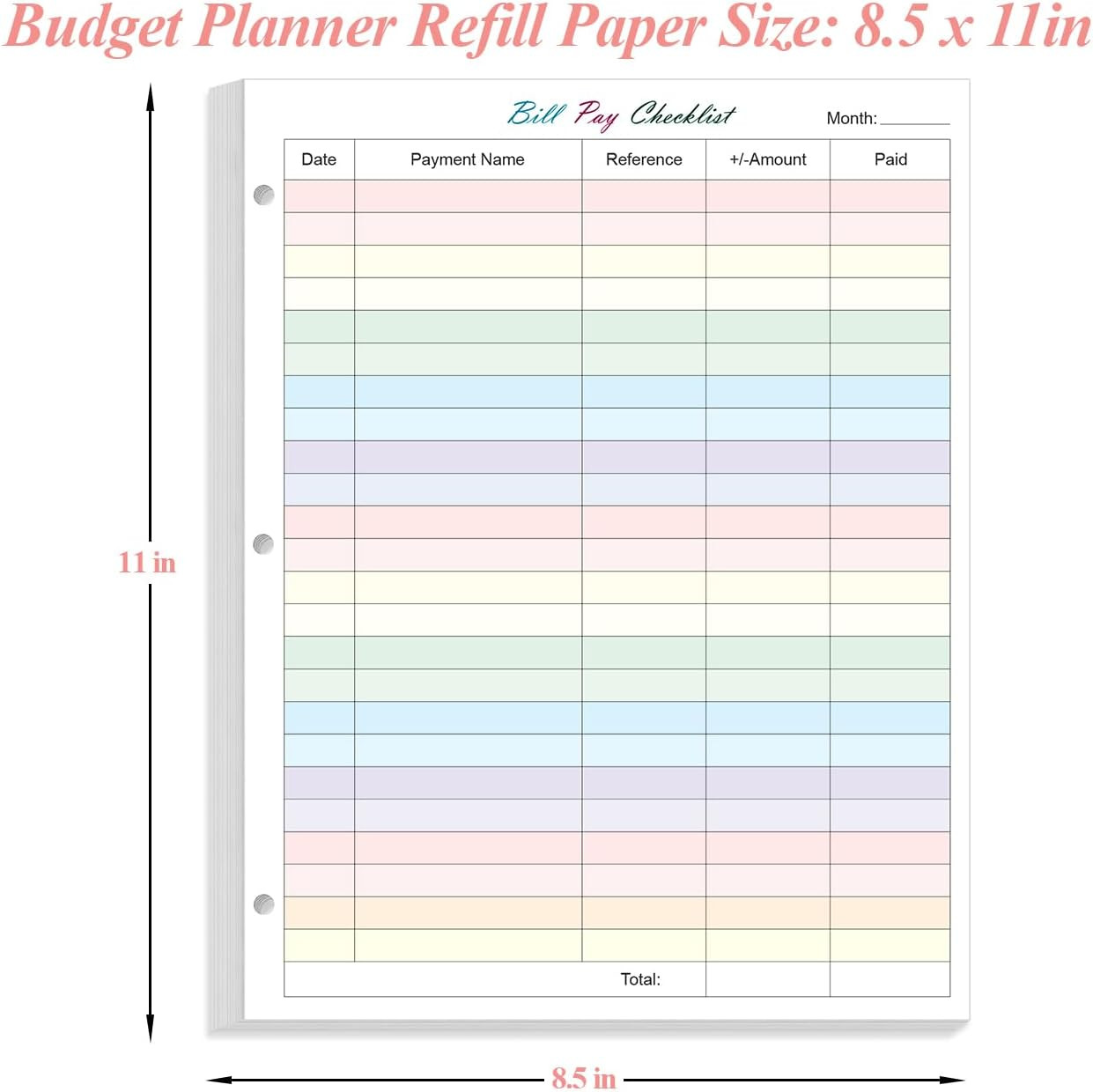 A4 Bill Payment Checklist Refills Paper – 3-Hole Punched Loose Leaf Budget Plann