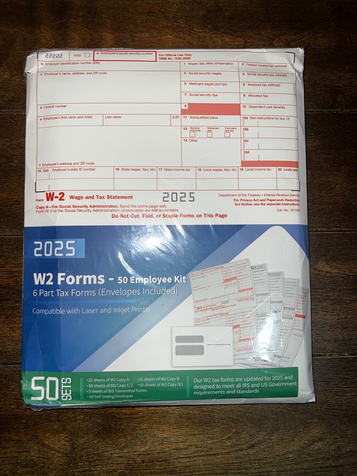 2025 W2 Tax Forms Kit with Envelopes – 50 Employee Set with W3 Forms