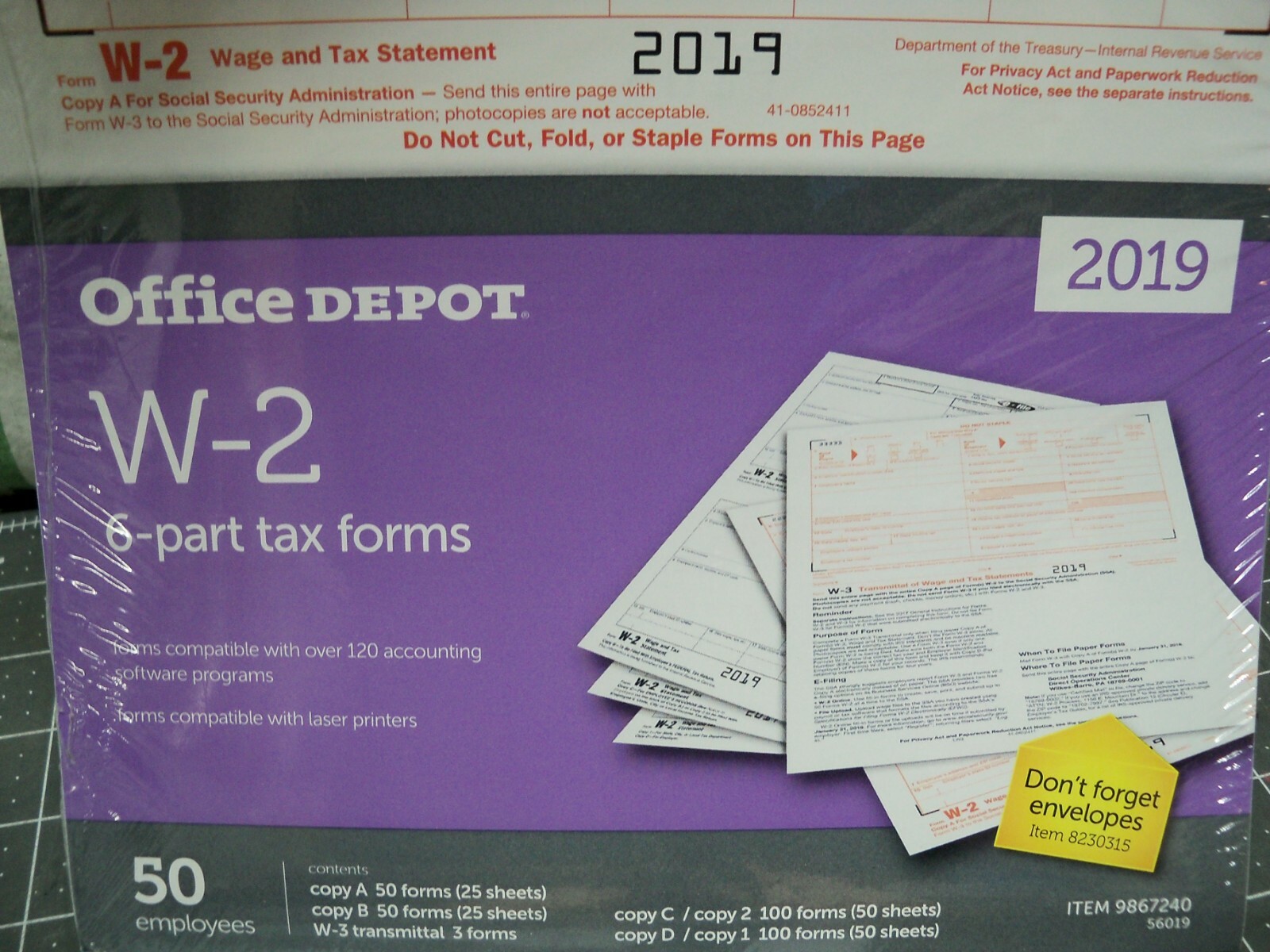Office Depot W-2 Inkjet/Laser Tax Forms 2019 Taxes 2-Up 6-Part 50-PK Staples W2