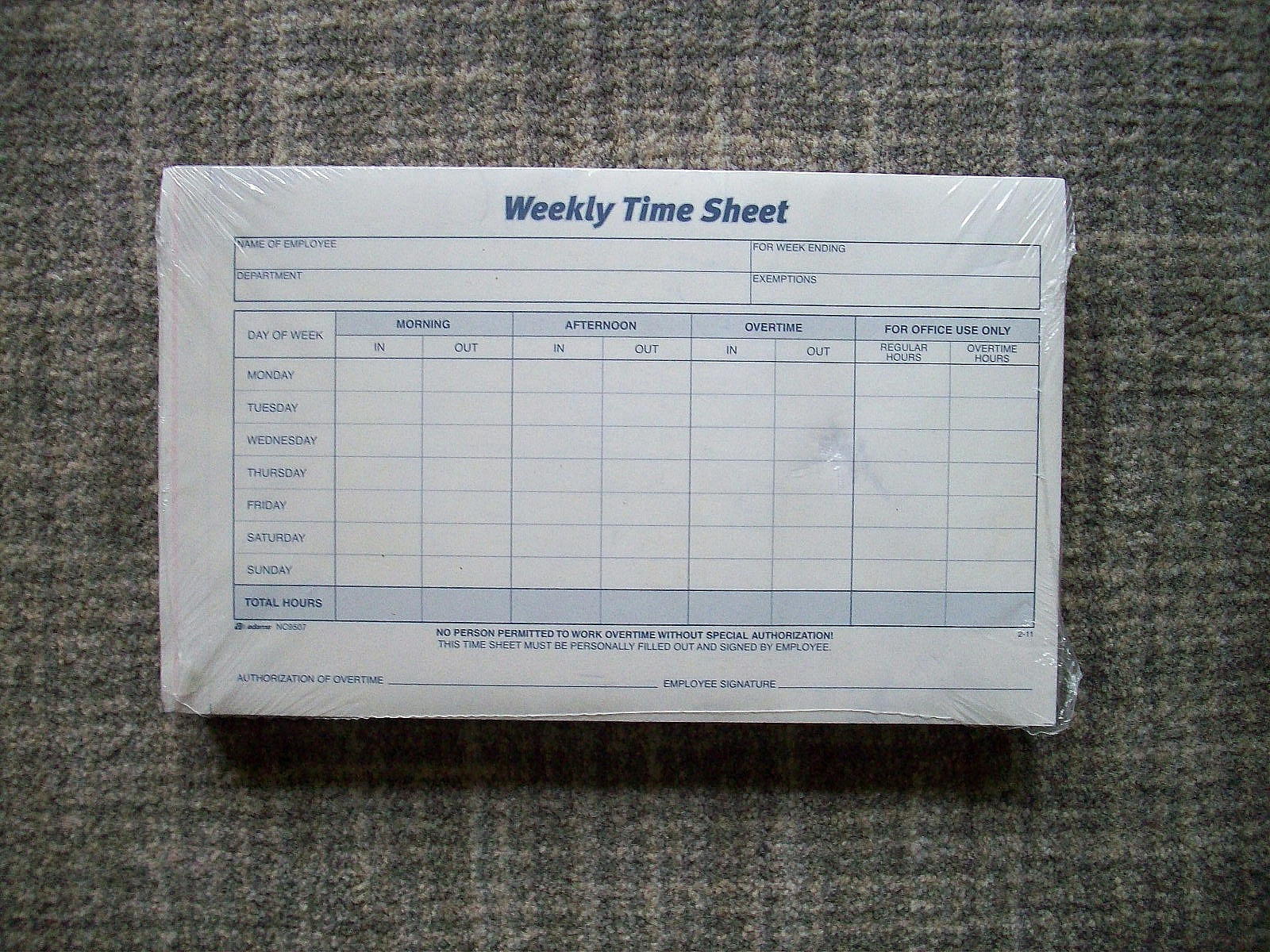Time Sheet, 9 X 5.5 Inch, Weekly Format, 2-Part, Carbonless, 100-Pack, new