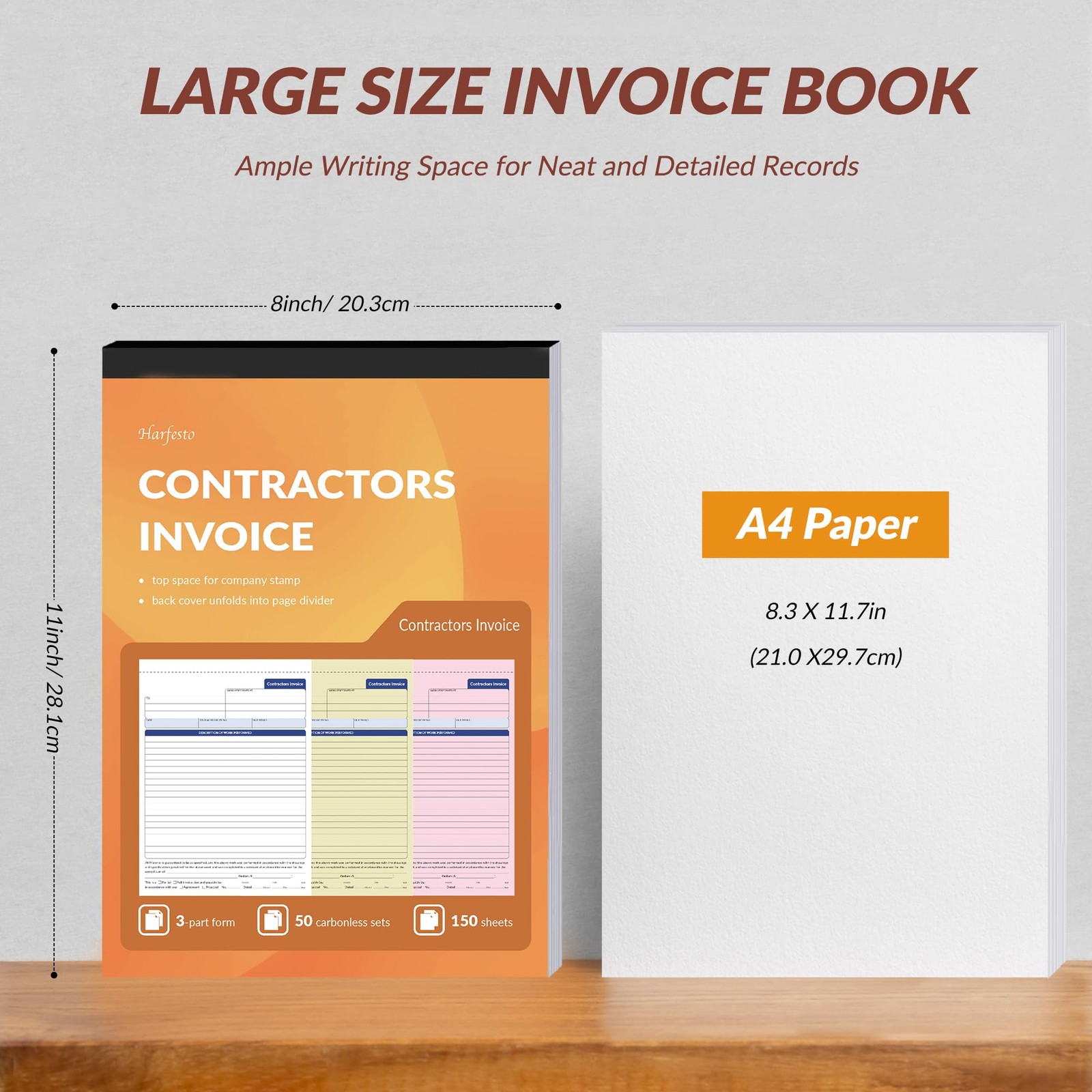 Harfesto Contractor Invoice Book, 3-Part Carbonless, 8×11 inches, Orange