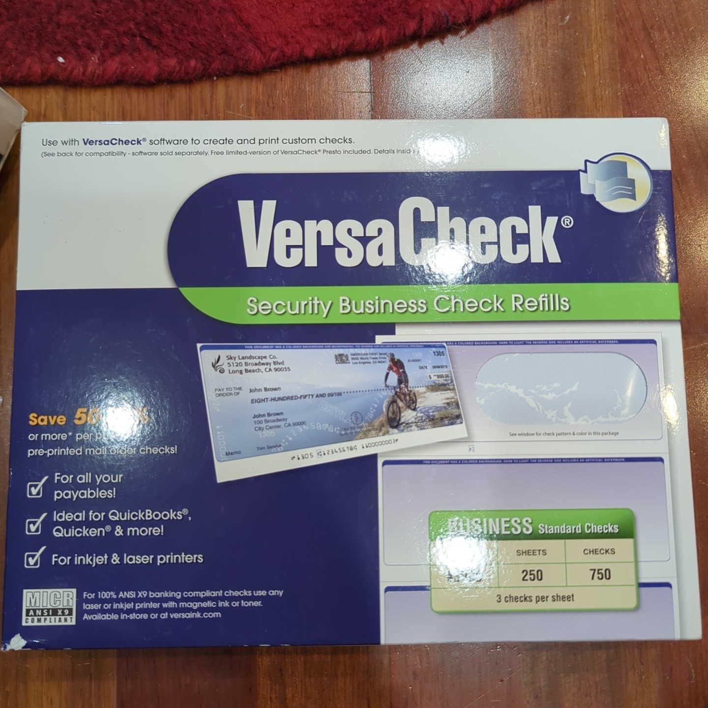 VersaCheck Security Checks 750 Blue Blank Business Voucher 3 Checks each Sheet