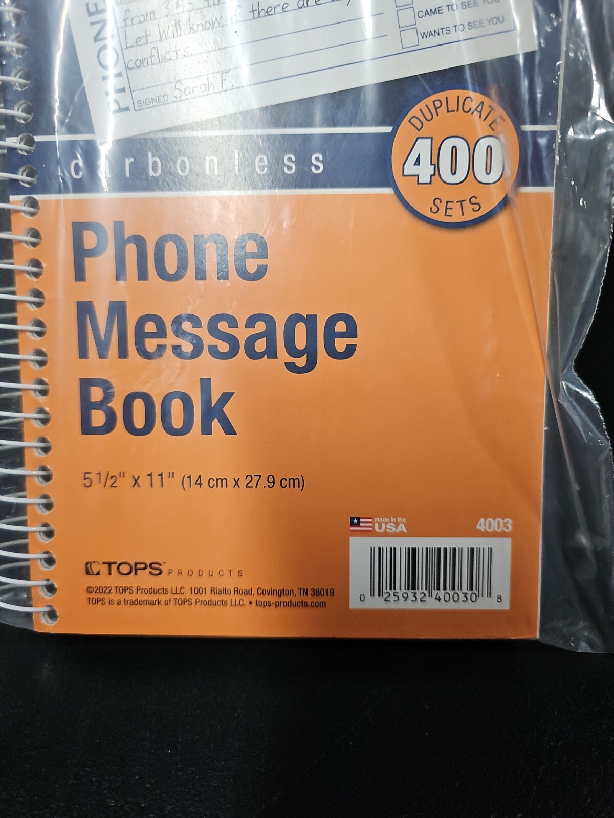 Tops Phone Message Book Carbonless Duplicate 5.50 x 11 Inches- 400 Sets New