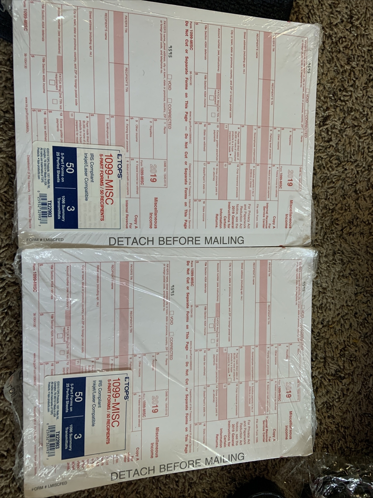 1099 MISC 2019 50 With 3 1096 Copies Laser or Inkjet Printer NEW W/ALL PART 2lot
