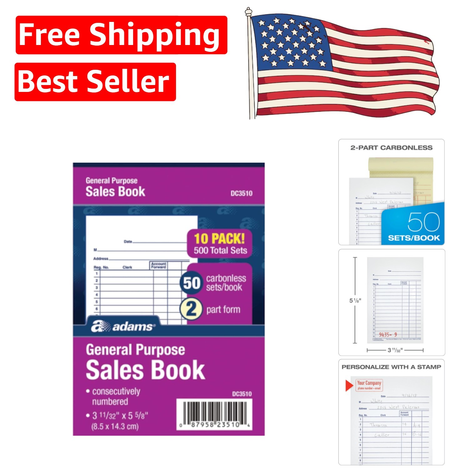 Compact 2-Part Sales Book – Carbonless Receipts, 50 Sets, White/Canary, 10 Pack