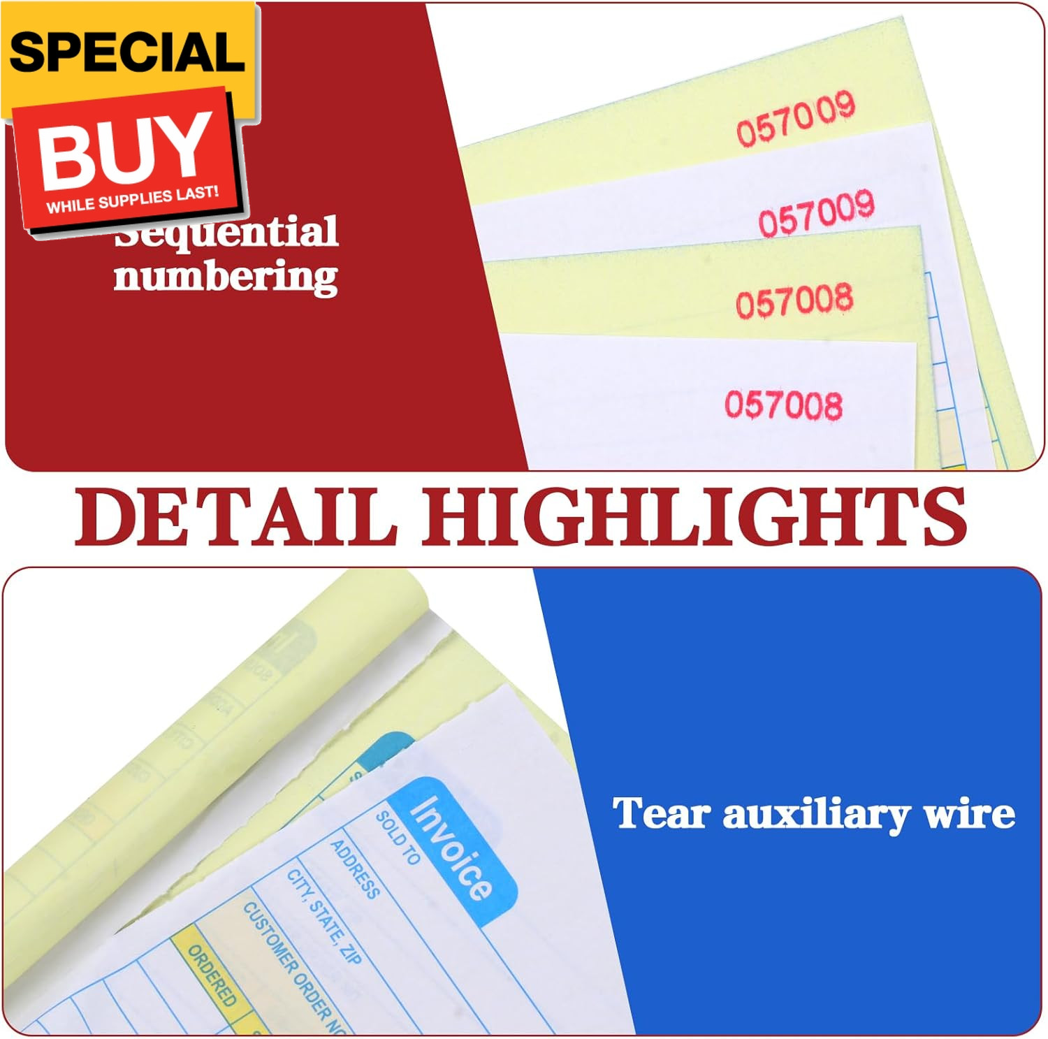 2 Packs Invoice Book for Small Business 2-Part Carbonless, 5-1/8”x7-29/32” Recei