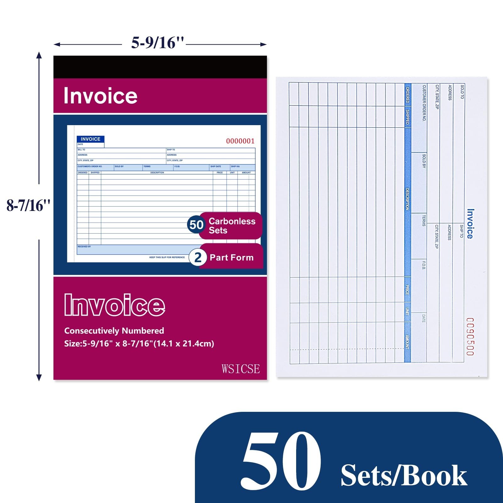 6 Pack Carbonless Invoice Receipt Book, 2-Part, 50 Sets, 5-9/16″ x 8-7/16″ for S