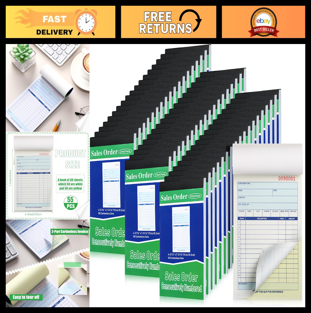 Carbonless Sales Order Books – 55 Pads, 2-Part Receipt Forms, Invoice Copies, 50