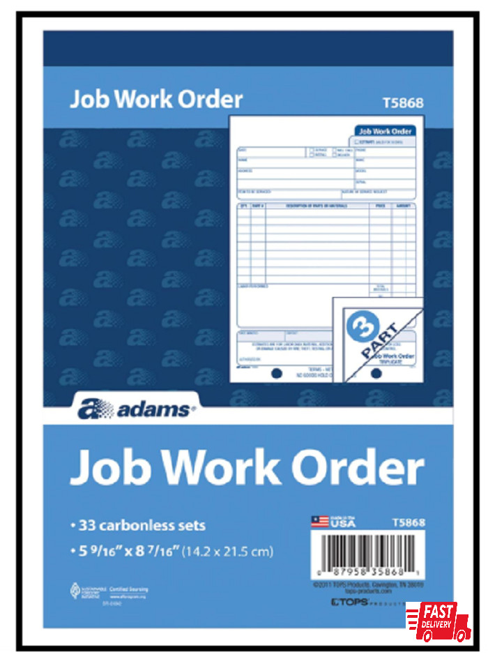 Adams Job Work Order Book, 3-Part Carbonless, 33 Sets, White 5-9/16″ X 8-7/16″