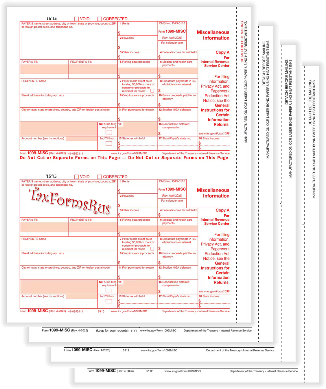 2025 IRS Tax Form 1099-MISC Laser 4 recipients + (1)1096 #TF6103 4-pt — NO Env