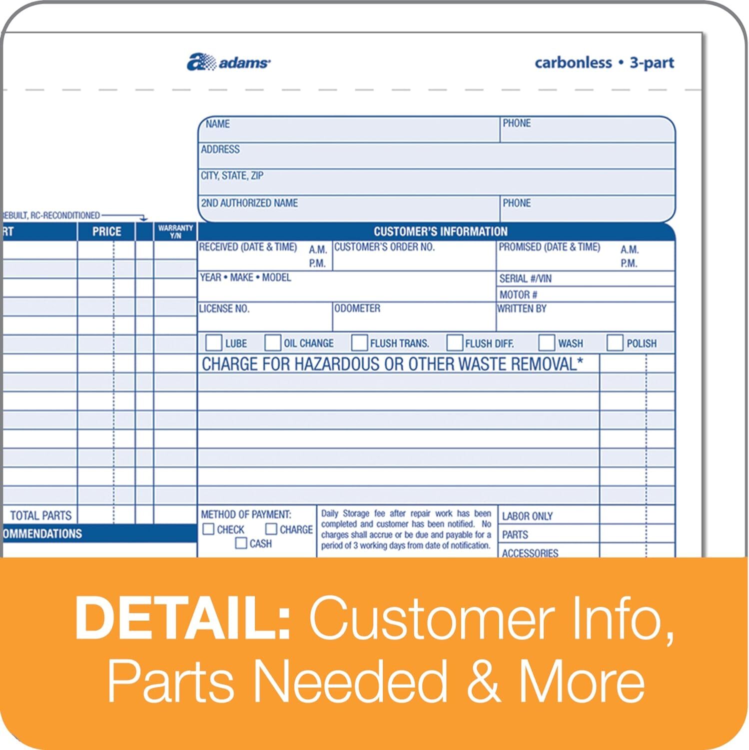 Adams 50 Pack Auto Repair Order Forms Carbonless 3 Part White Canary 8X7 In