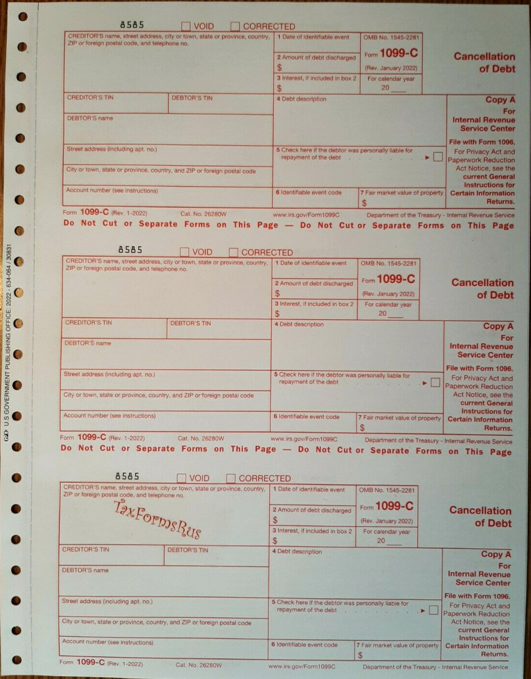 2023 IRS Tax Form 1099-C single sheet set for 3 debtors, carbonless 3-pt, 3UP