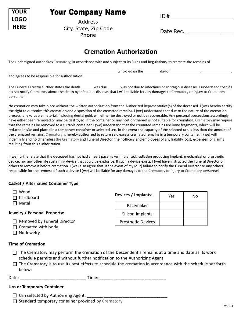 Cremation Authorization Form in Black & White / 8.5 x 11 / 2 or 3 Part / TMG153