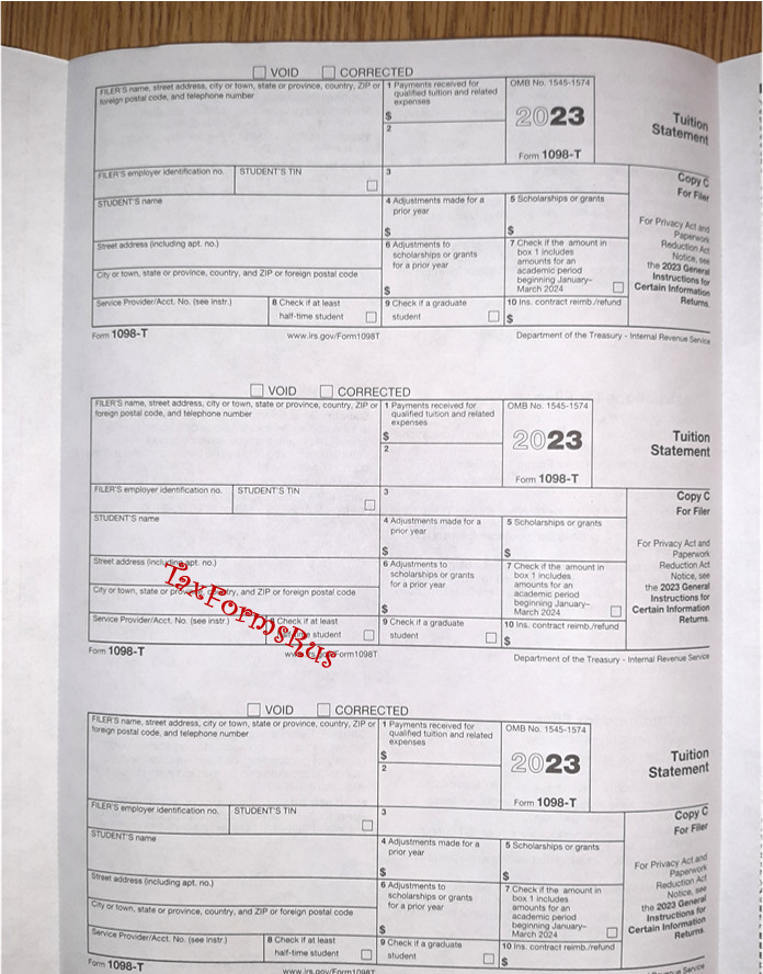 2023 IRS Tax Form 1098-T single sheet set for 3 students, NONcarbonless 3pt, 3up