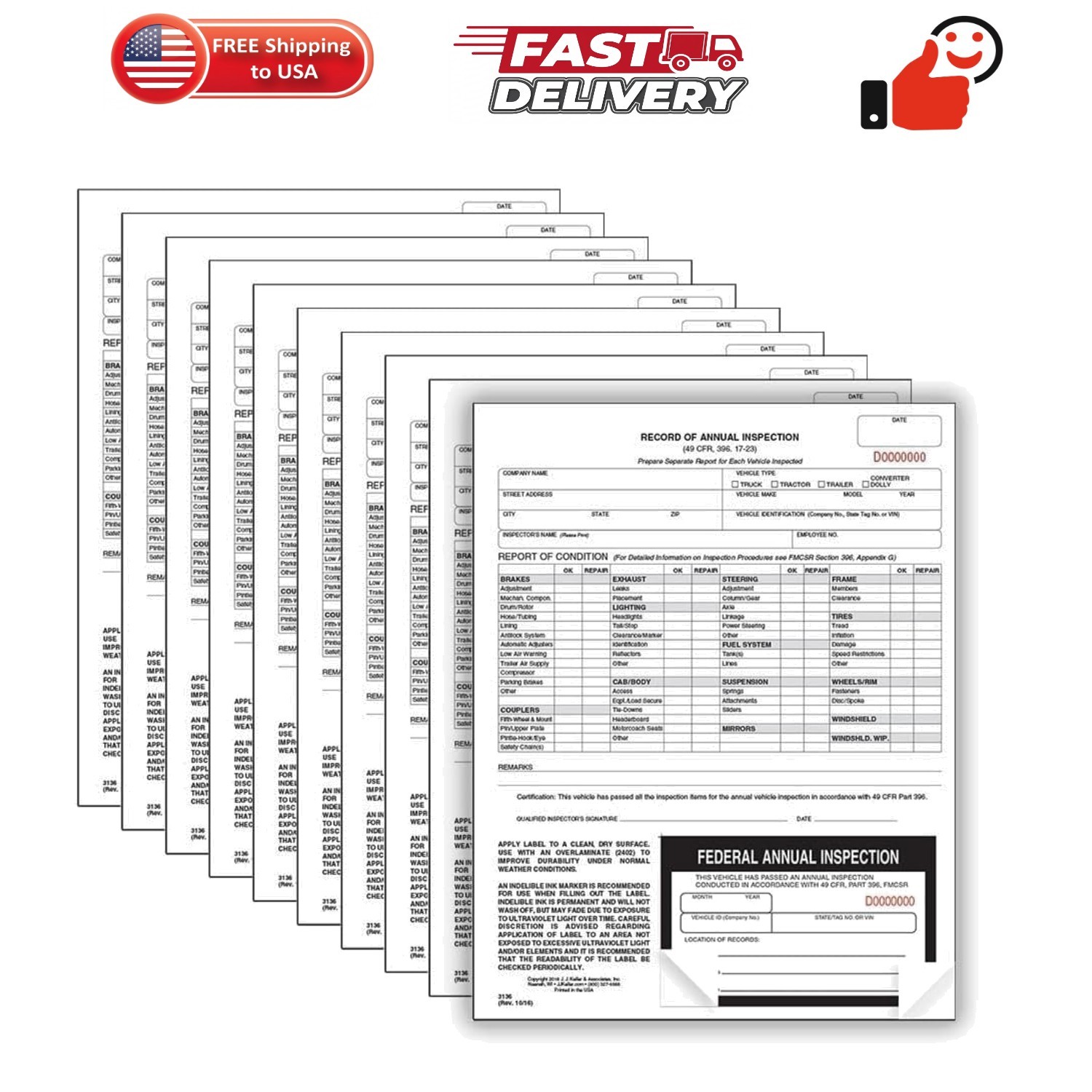 J. J. Keller 10-Pack, Record of Annual Inspection Form with Inspection Label,…
