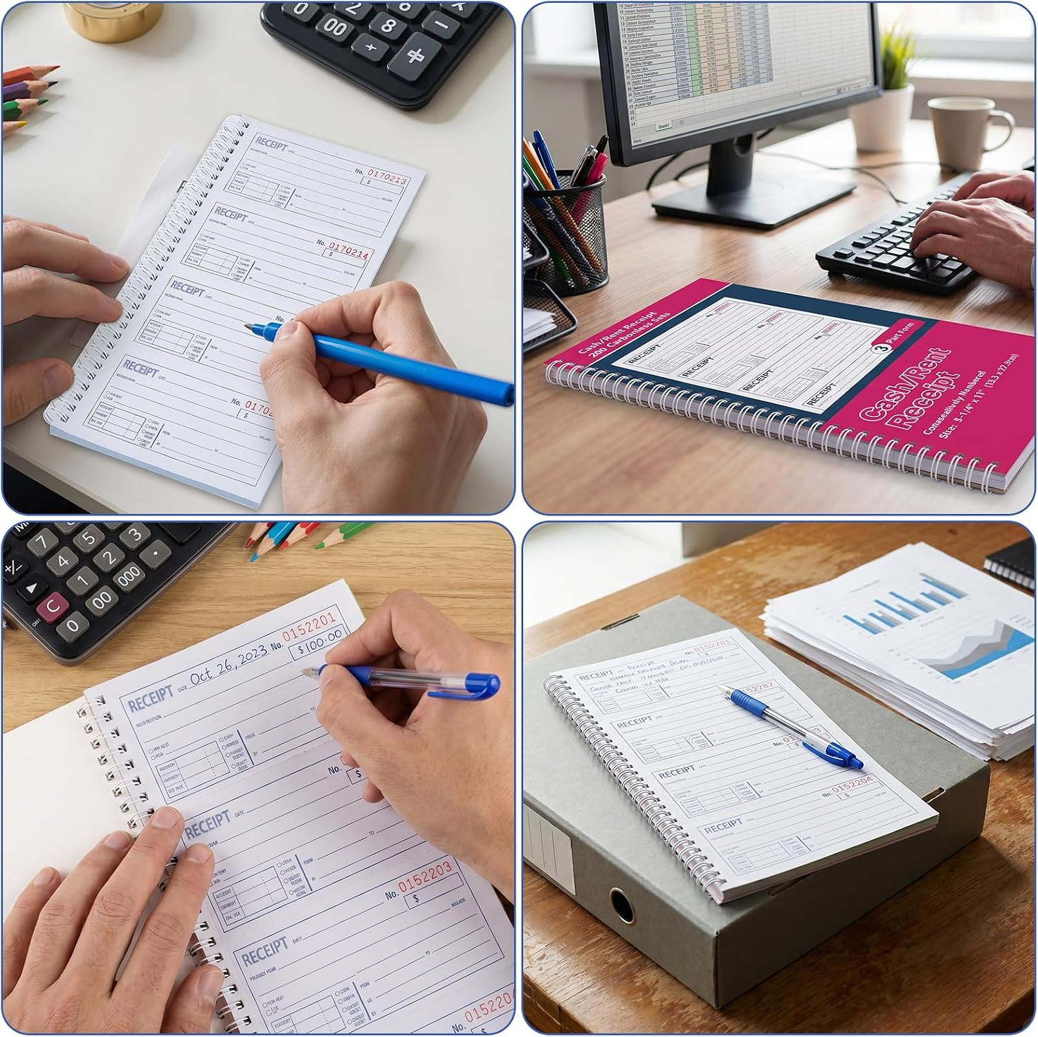 1 Pack Receipt Books with Carbon Copies, Rent Receipt Book, 3-Part Carbonless, 5