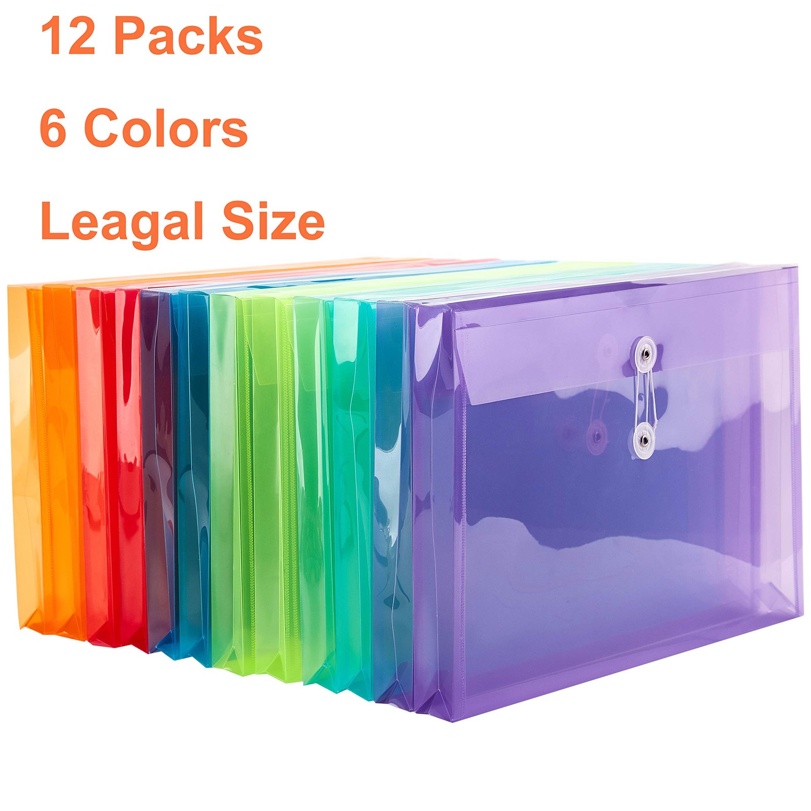 FANWU Plastic Legal Size Envelopes with String Tie Assorted Colors -12 Pack