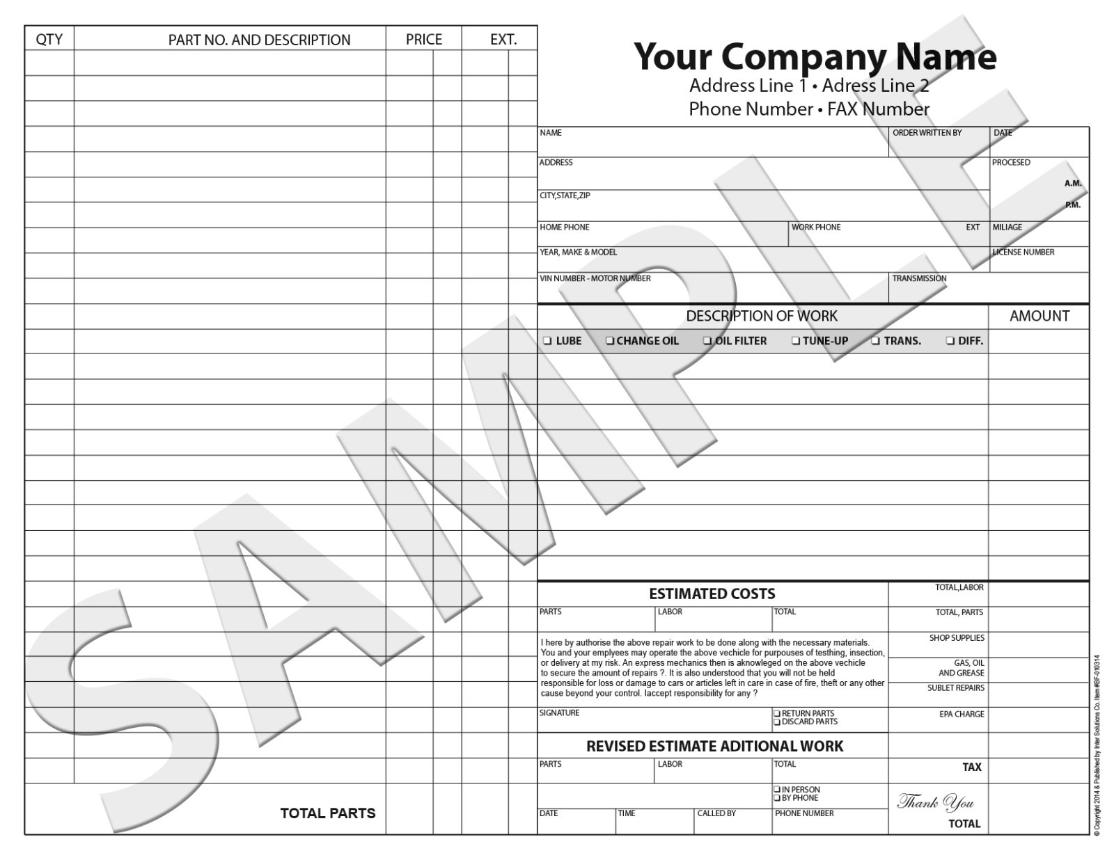 250 3-Part Custom Invoice / Sales Receipt / Estimate / Quote / Mechanical Repair
