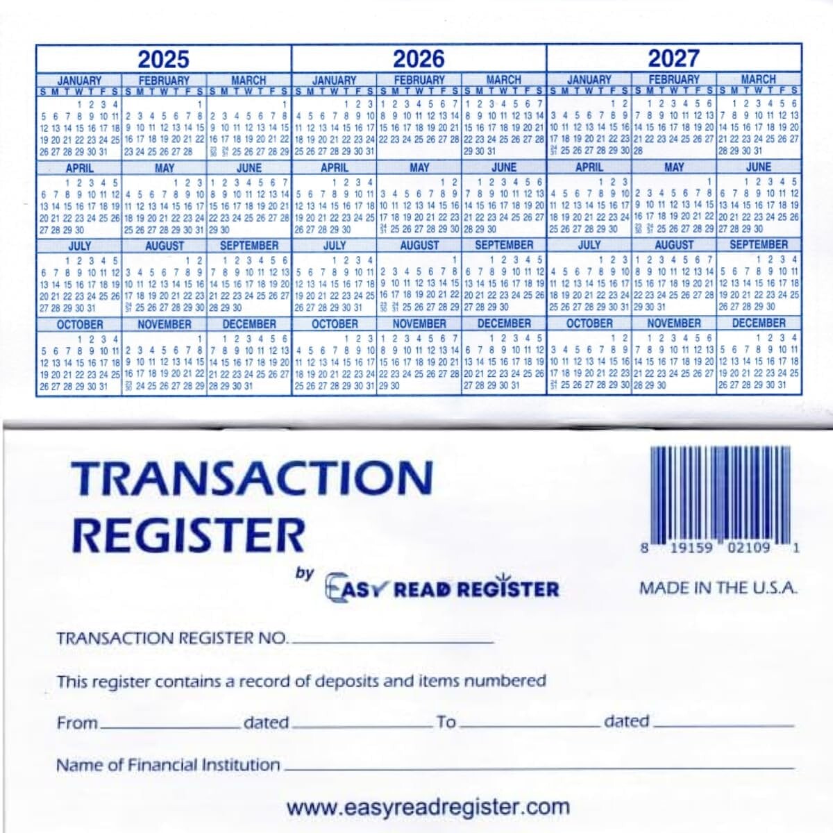 12 Checkbook Transaction Registers 2025-2026-2027 Calendars Check Book Bank