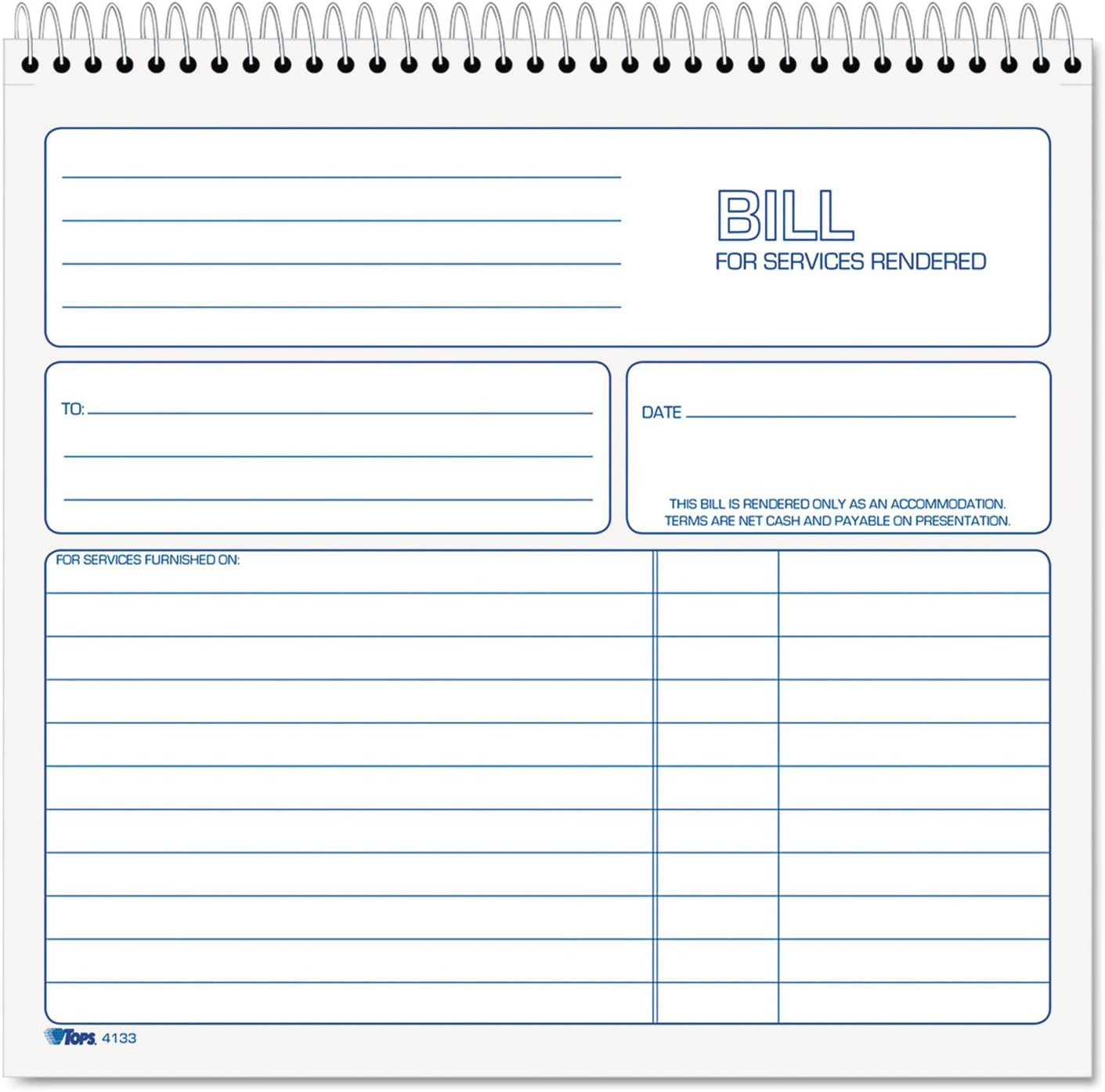 2-Part Carbonless Bill for Services Rendered Book, 8.5 X 8.25 Inches, 50 S