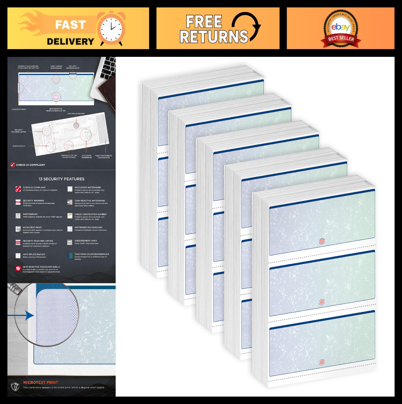Prismatic Business Checks – 3 Per Page, Blue & Green, 24 lb, 2500 Sheets, 8.5″x1