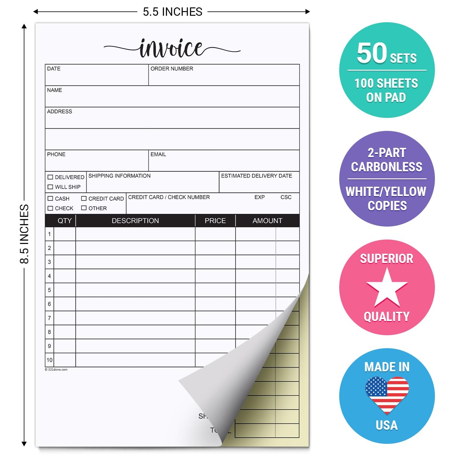 321Done Invoice Pad, Edge-Glued Pad (Small), 2-part: (White / Yellow)