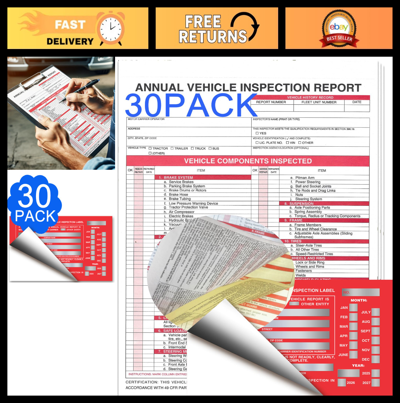 30-Pack Vehicle Condition Report Forms, 3-Ply Carbonless, Aluminum Date Labels f