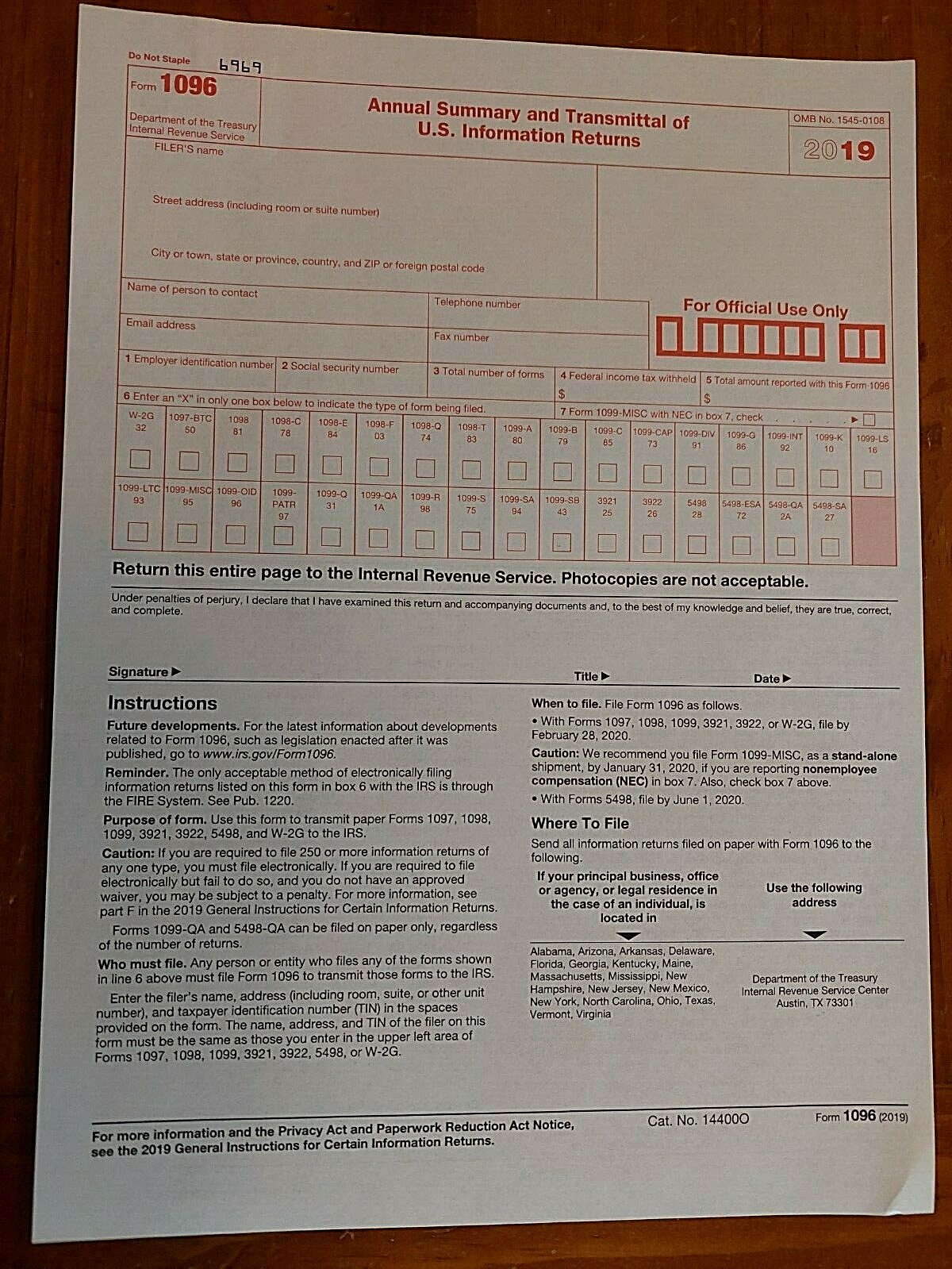 2019 IRS 1099-MISC Forms (for 2 recipients)-For Prior Year’s Tax Filing Season