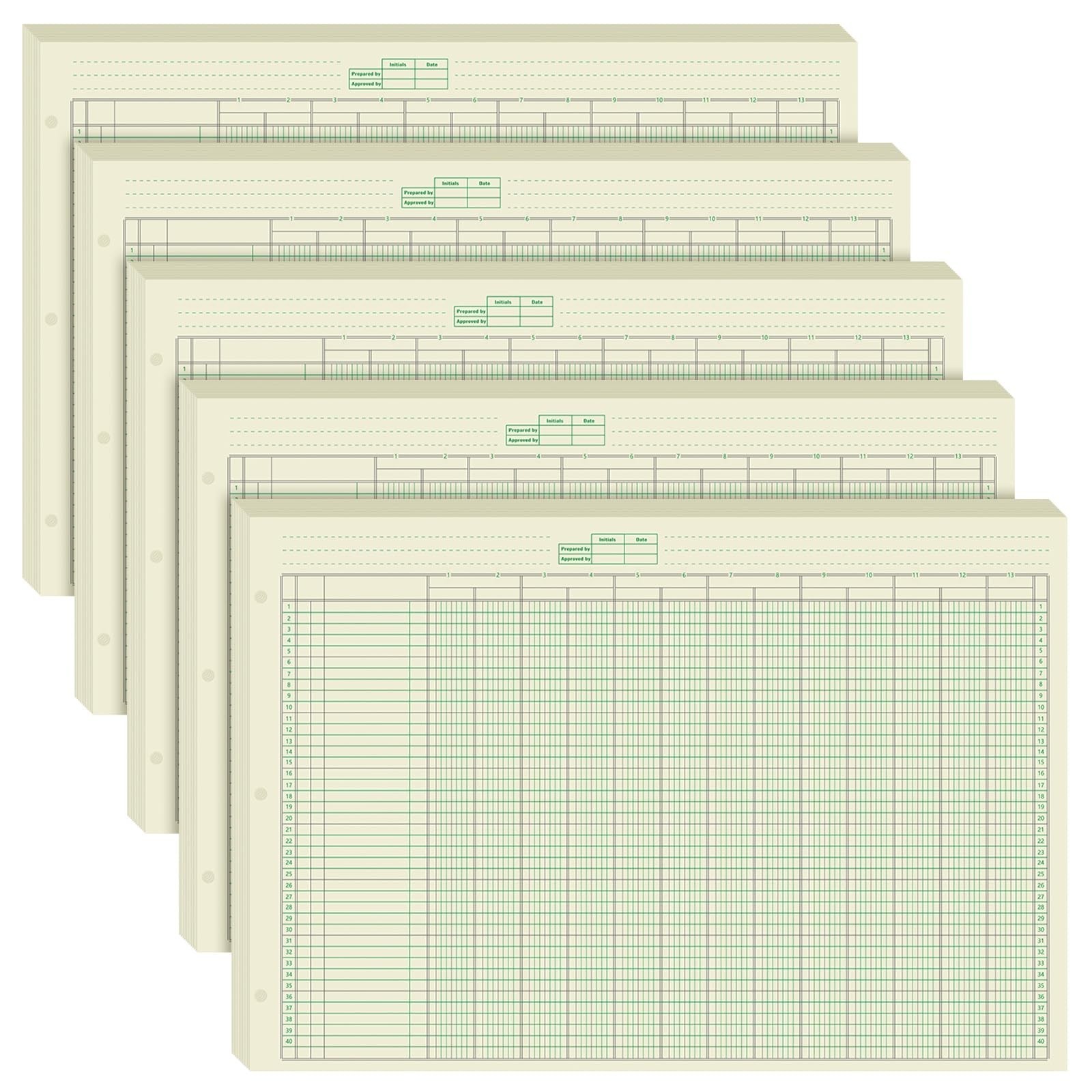 5 Pack Columnar Ledger Paper Pads – 250 Sheets Accounting Book, 3 Hole, Green