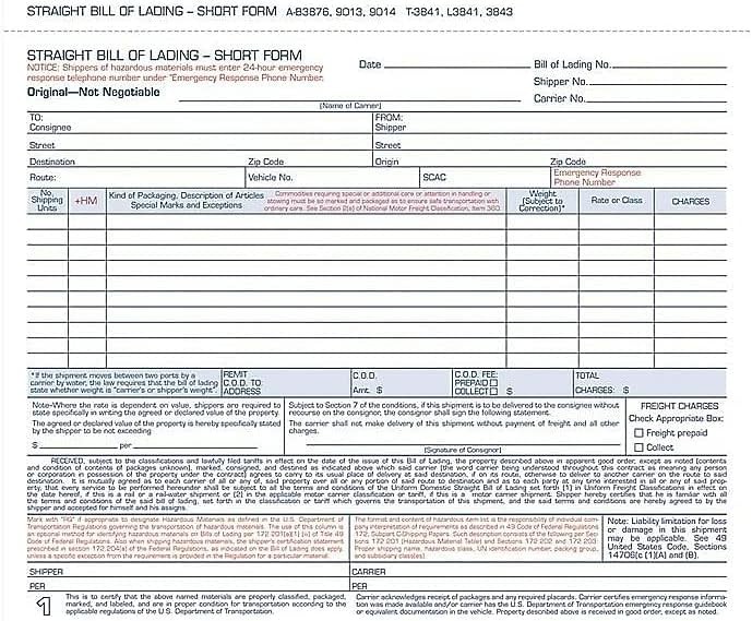 Adams Bill of Lading Short Form, 8-1/2 x 7-7/16 x Inches, White
