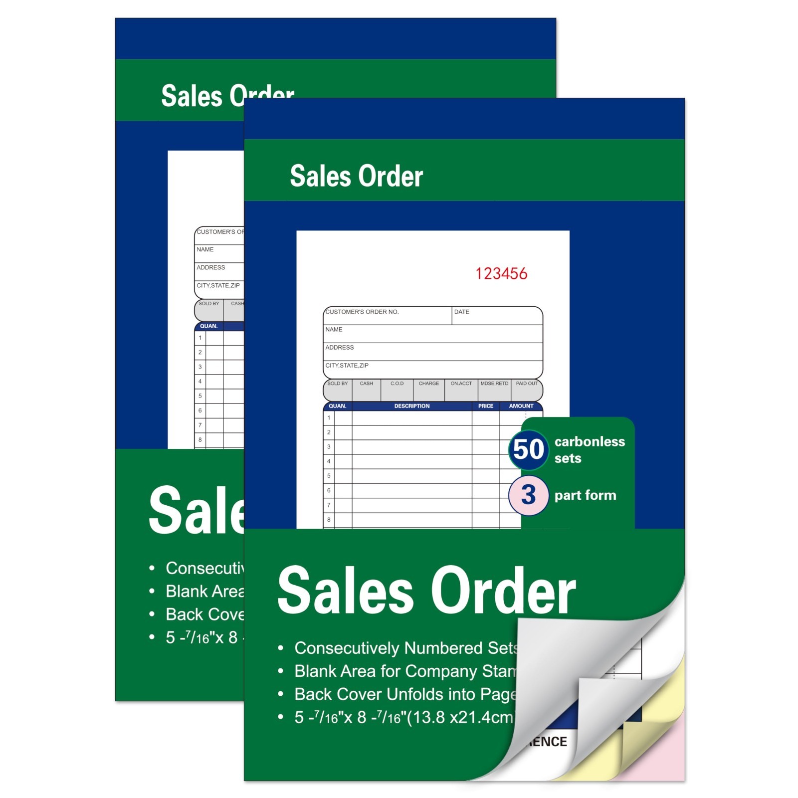 2 Pack Carbonless Sales Order Books – 50 Sets, 3-Part Receipt Forms, 5.5×8.5
