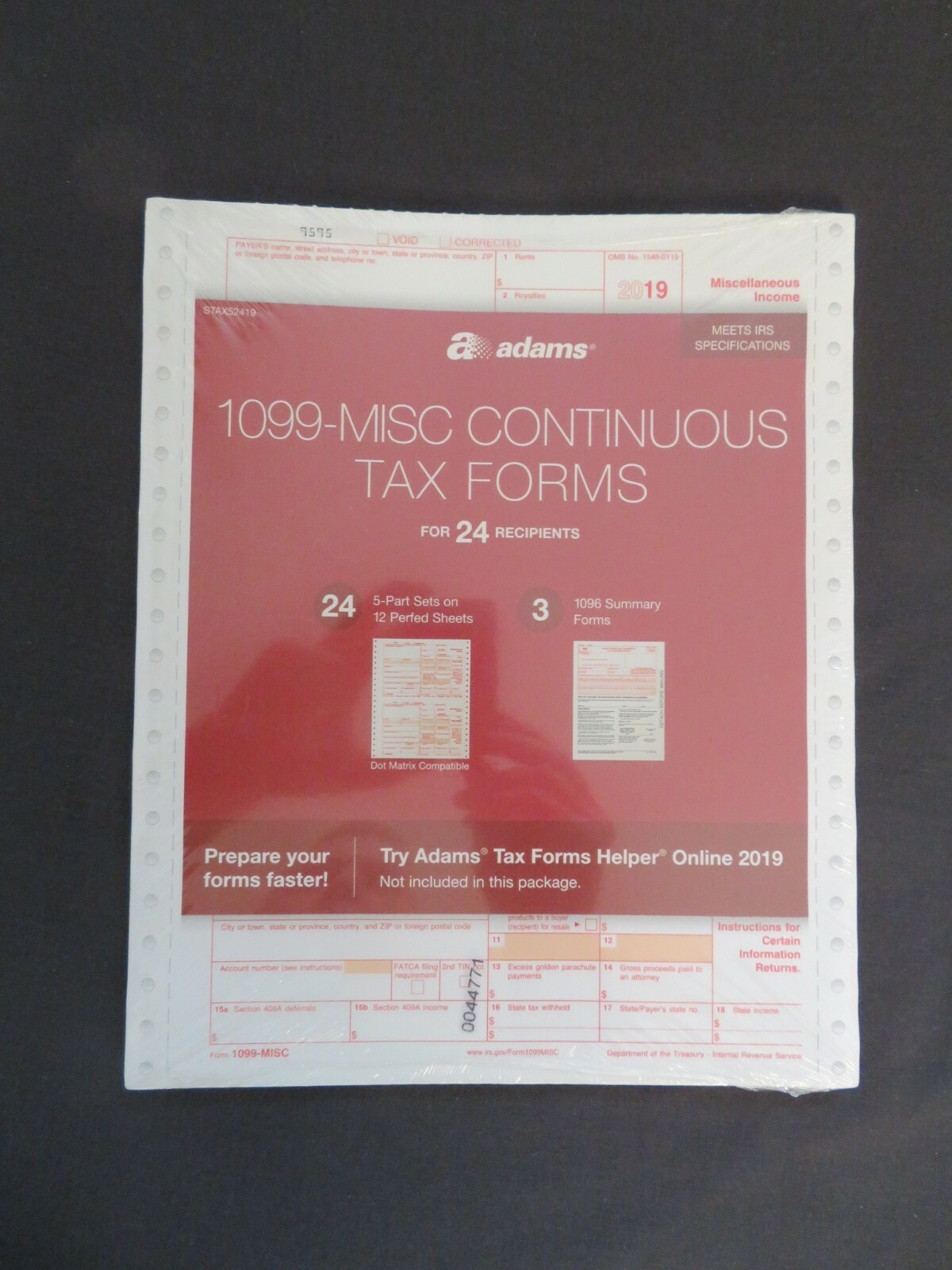2019 Adams 1099-Misc Continuous Tax Forms 24 5-Part Sets, 3 1096 Summary Forms