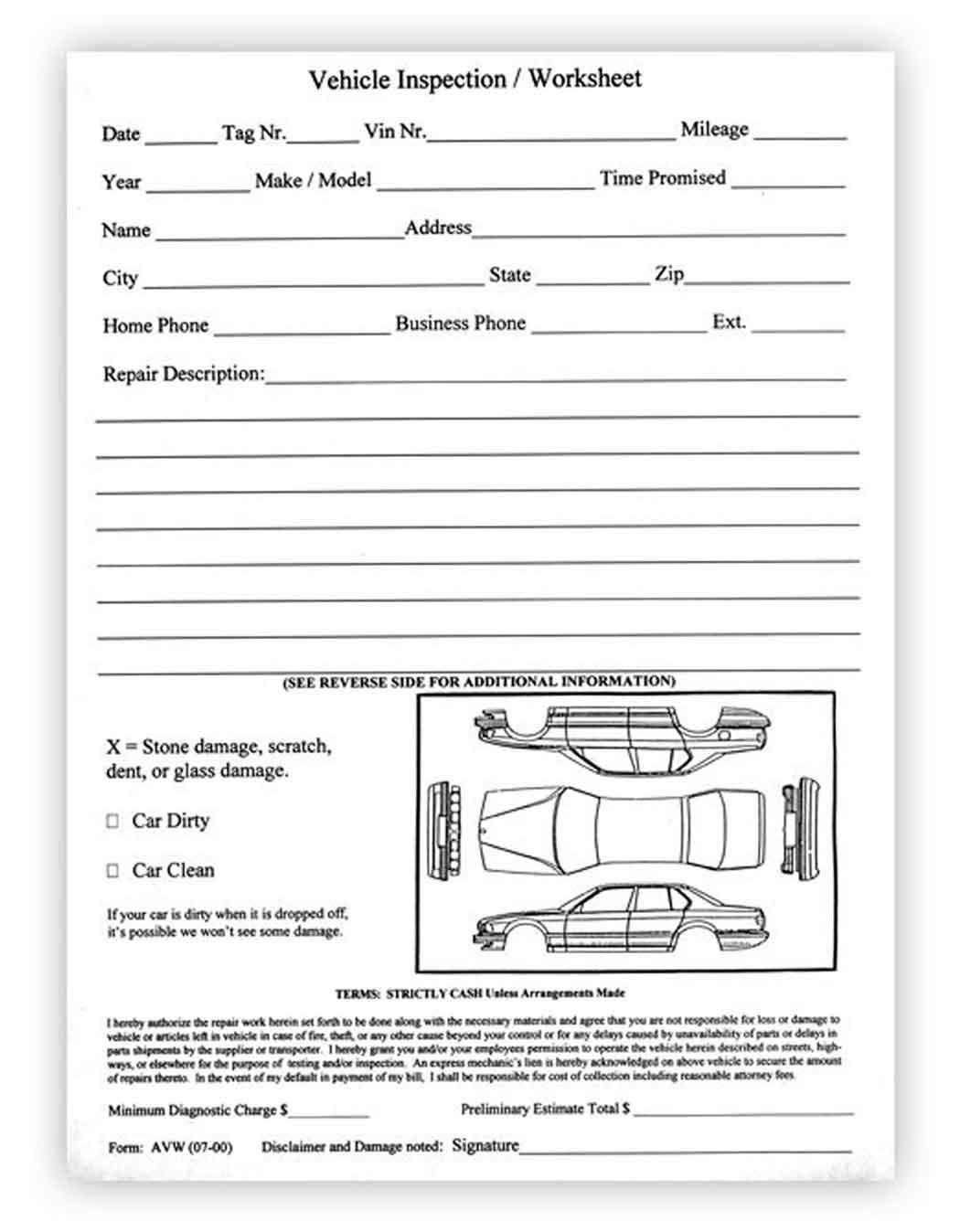 Vehicle Inspection Worksheet 8.5″ X 11″ Form #AVW – 100 Sheets per Pad