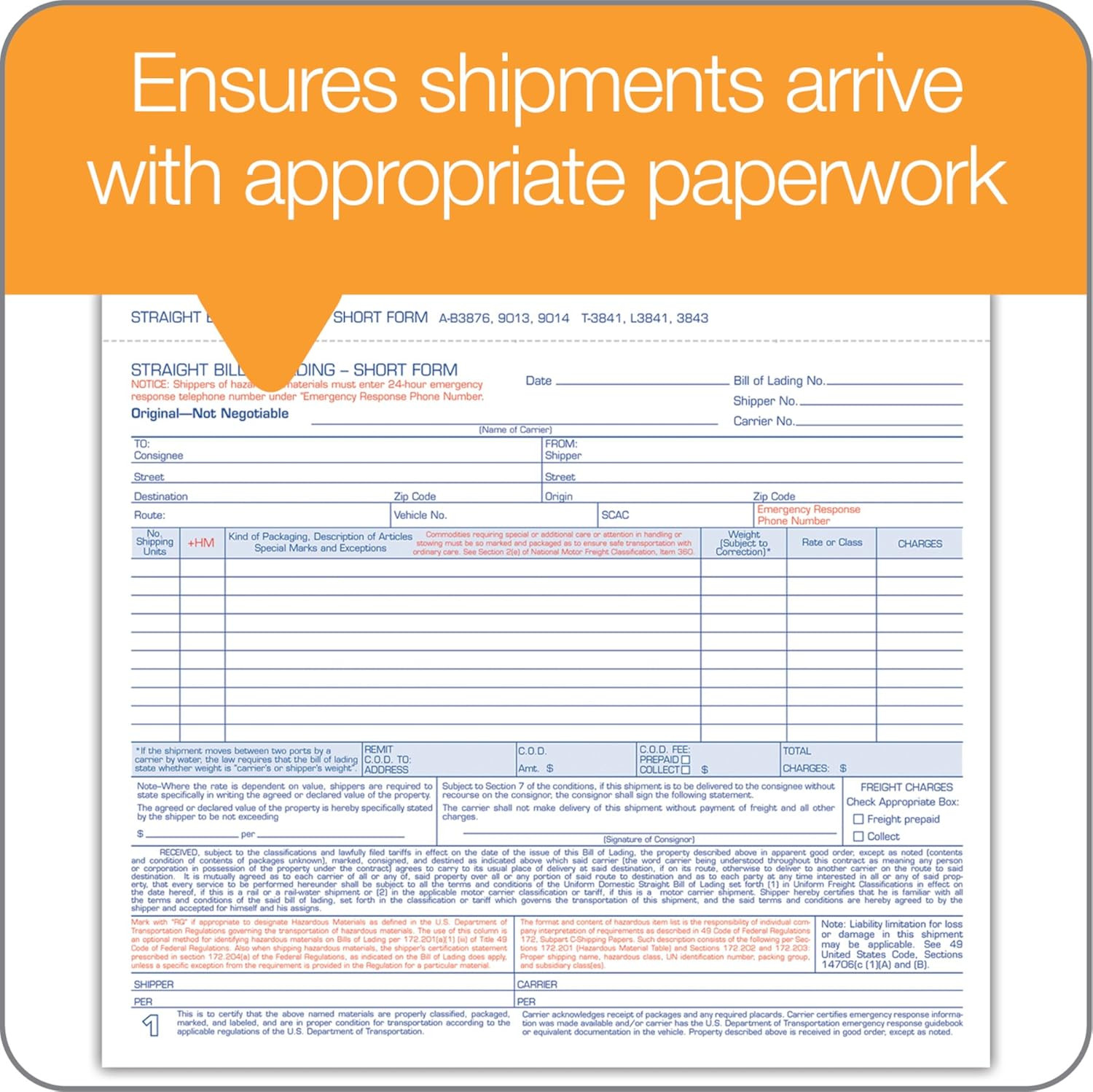 Bill of Lading Short Form, 8-1/2 X 7-7/16 Inches, White, 3-Part, 250-Count (B387