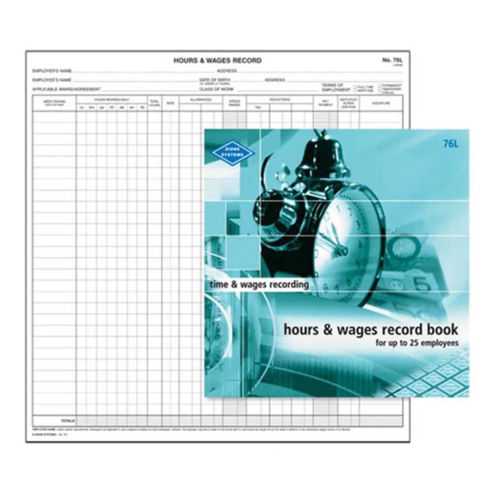Zions Hours And Wages Record Book Premium Laminated Cover 76 Lines 270 x 265mm