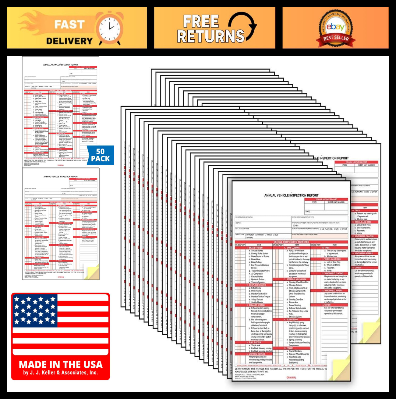 Annual Vehicle Inspection Report Forms – 50 Pack, Carbonless, 3-Ply, Snap-Out, D