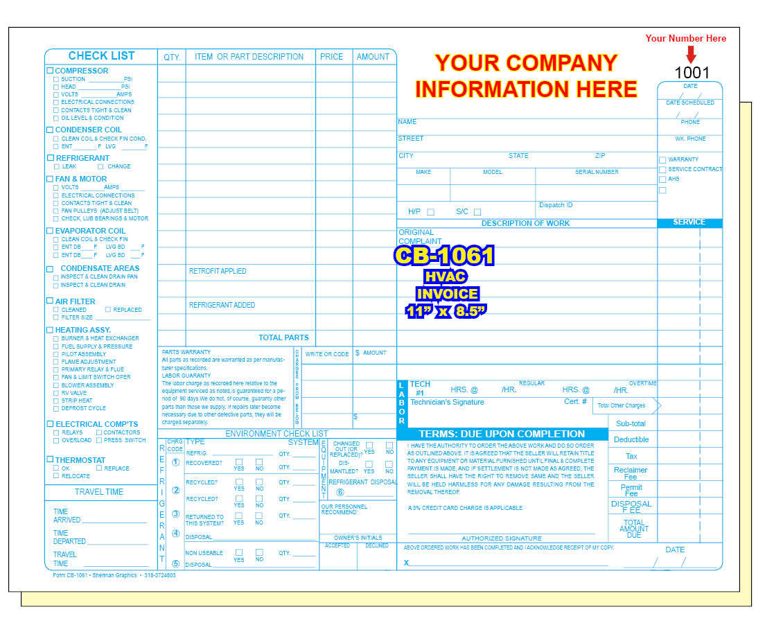 HVAC INVOICE Custom Printed 2 or 3 Part Carbonless