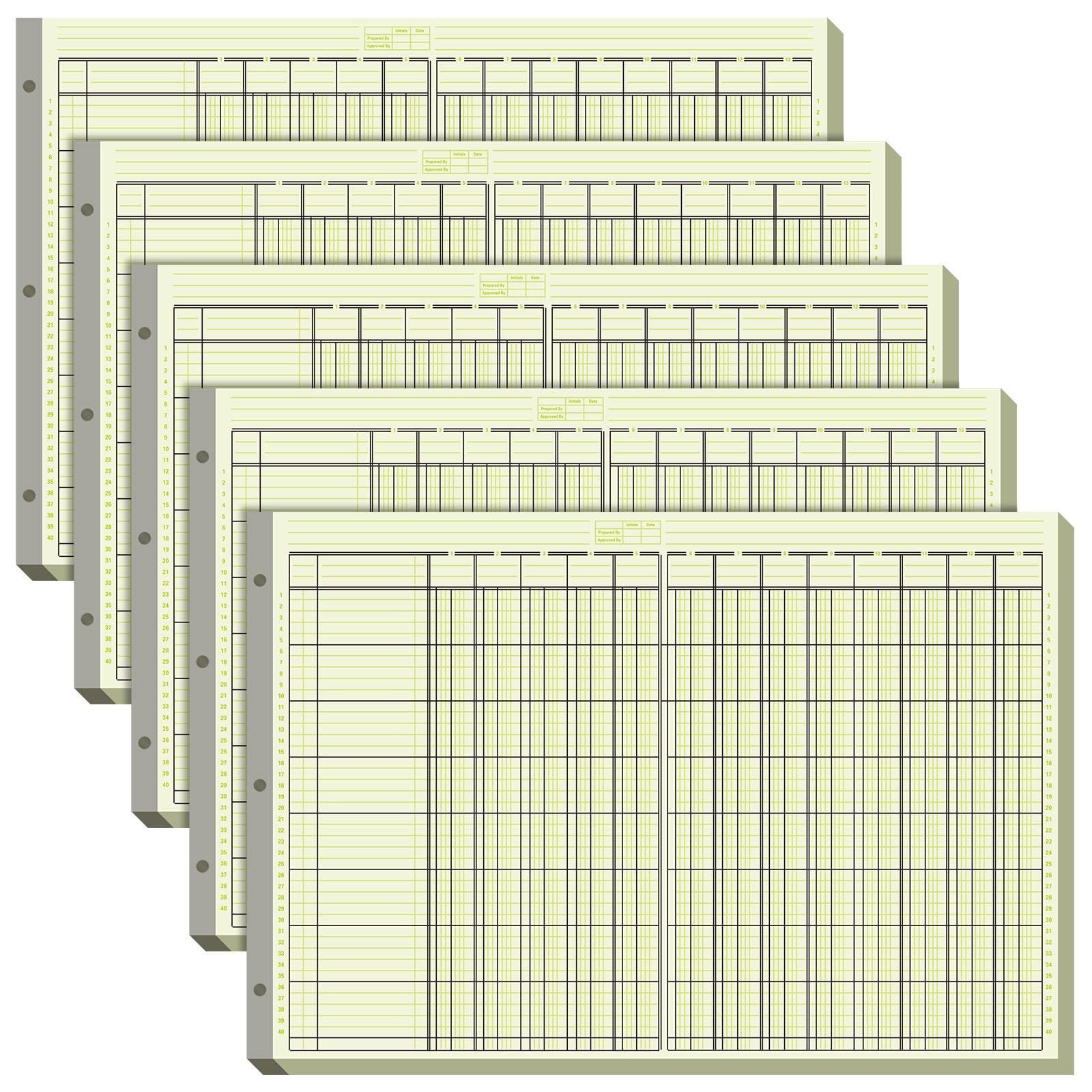 5 Pack Columnar Analysis Pad, 250 Sheets, 13 Columns, 16.31″x11″, 3-Hole Account