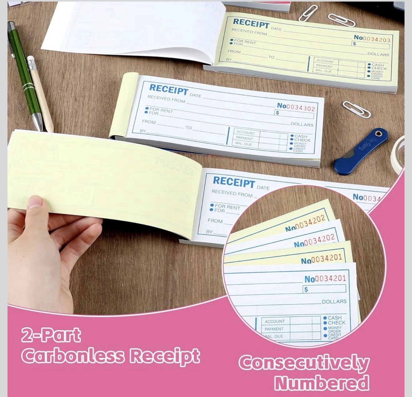 4 Pads Receipt Book with Carbon Copies Money and Rent Receipt Book 2 Part Carbon