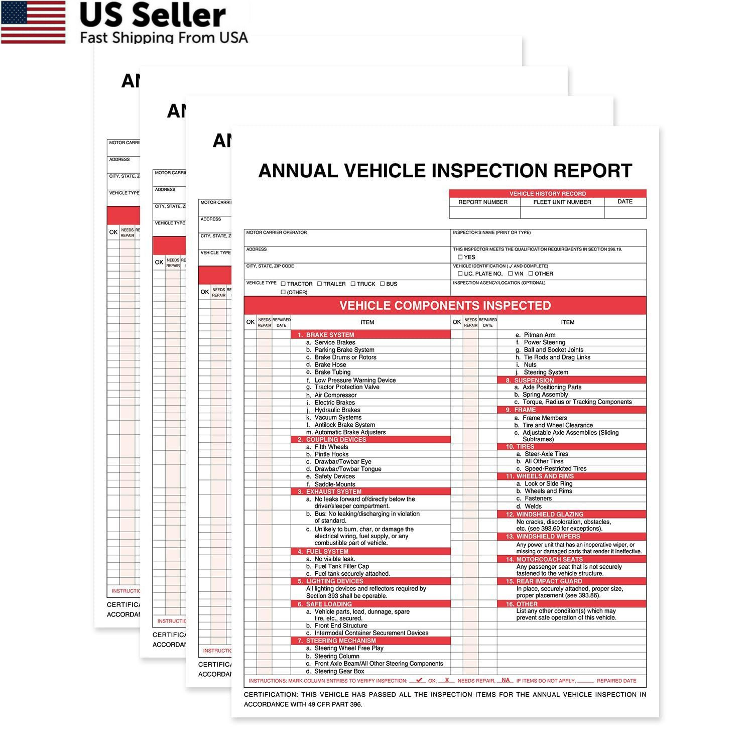 Annual Vehicle Inspection Report Form 25-pk 3-Ply 8.5 x 11.75 inch, Red