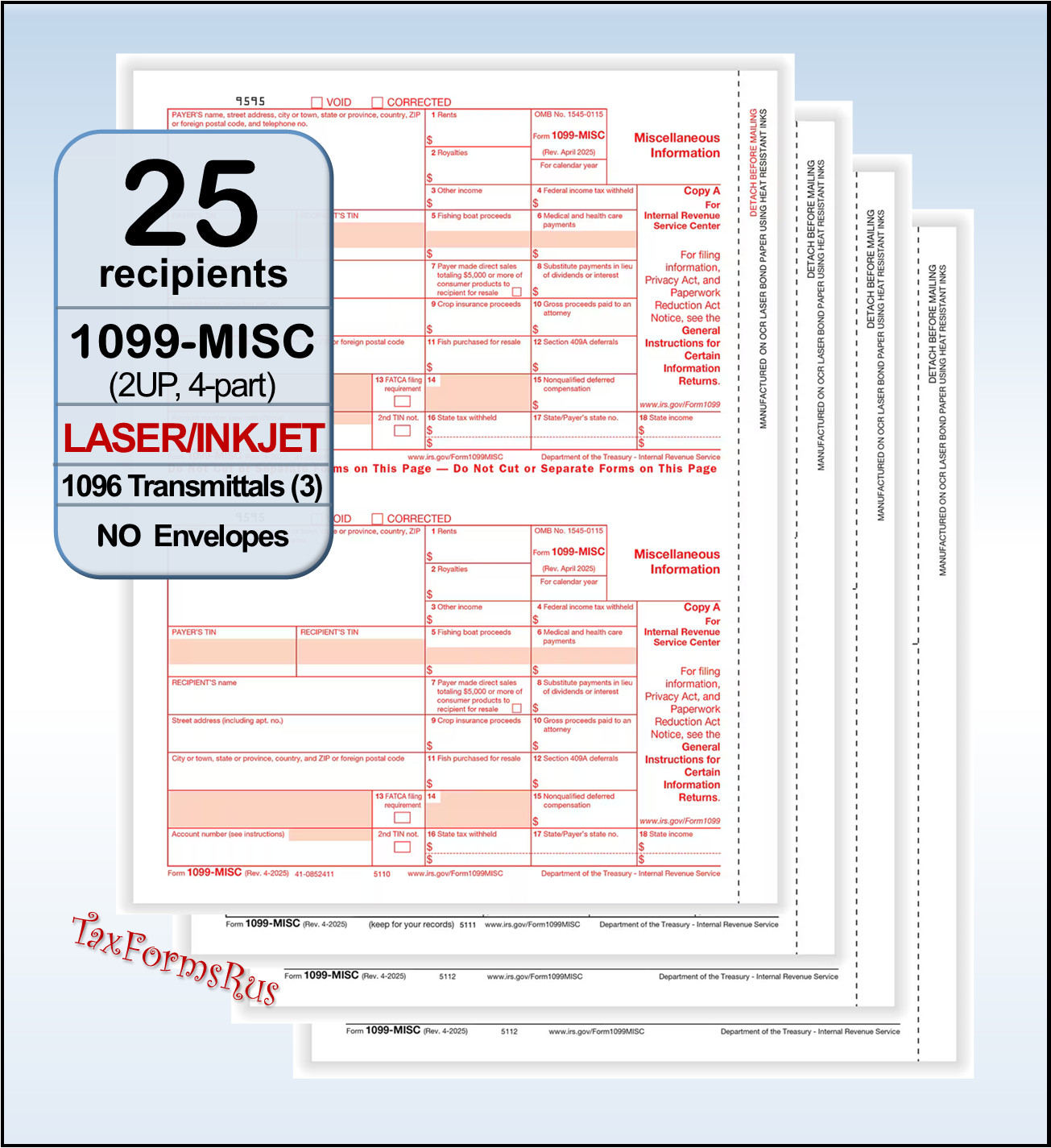 2025 IRS Tax Form 1099-MISC Laser 25 recipients + (3)1096 #TF6103 4-pt — NO Env