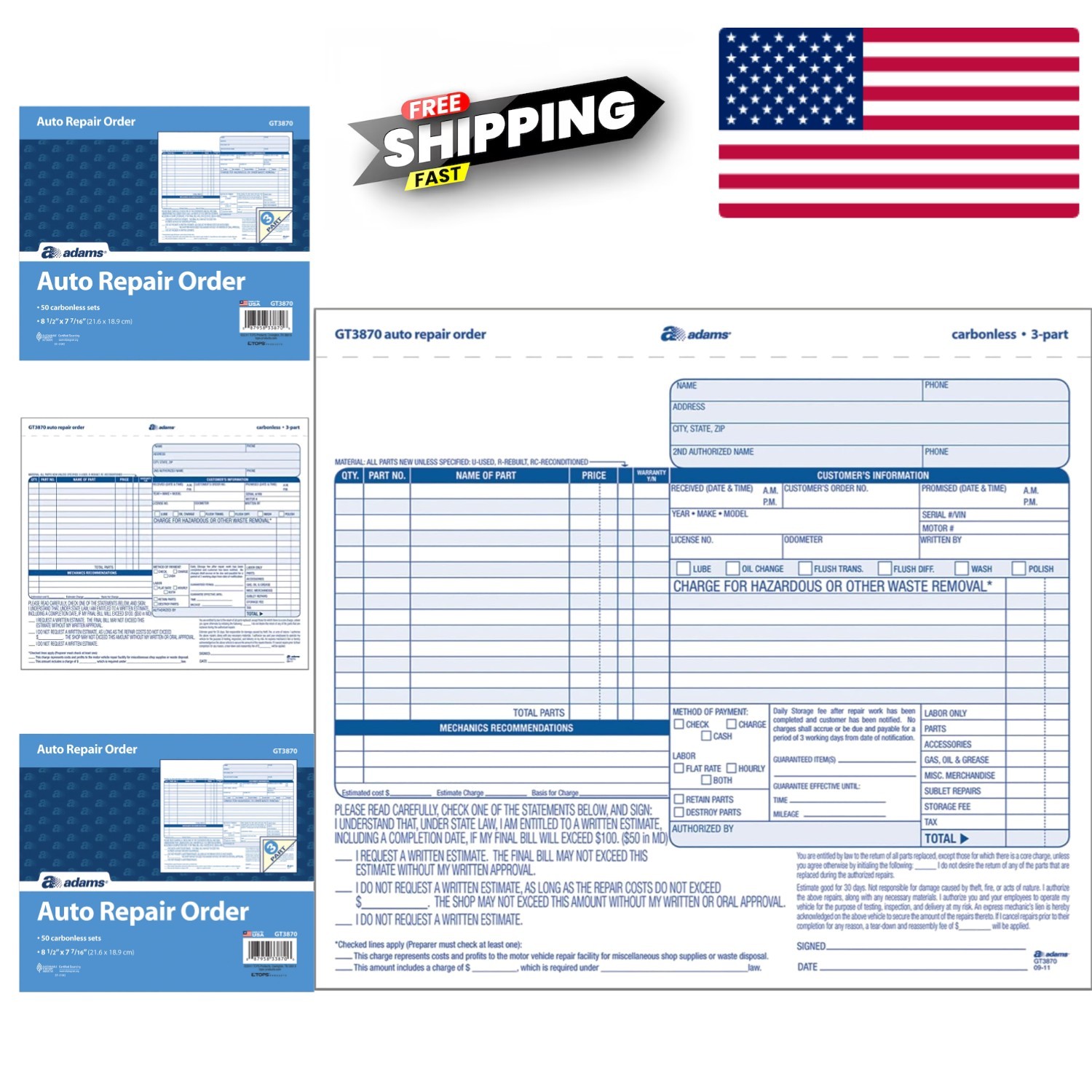 Auto Repair Job Order Forms Carbonless 50 Pack 85 x 7 Inch Multi-Part Auto Shop
